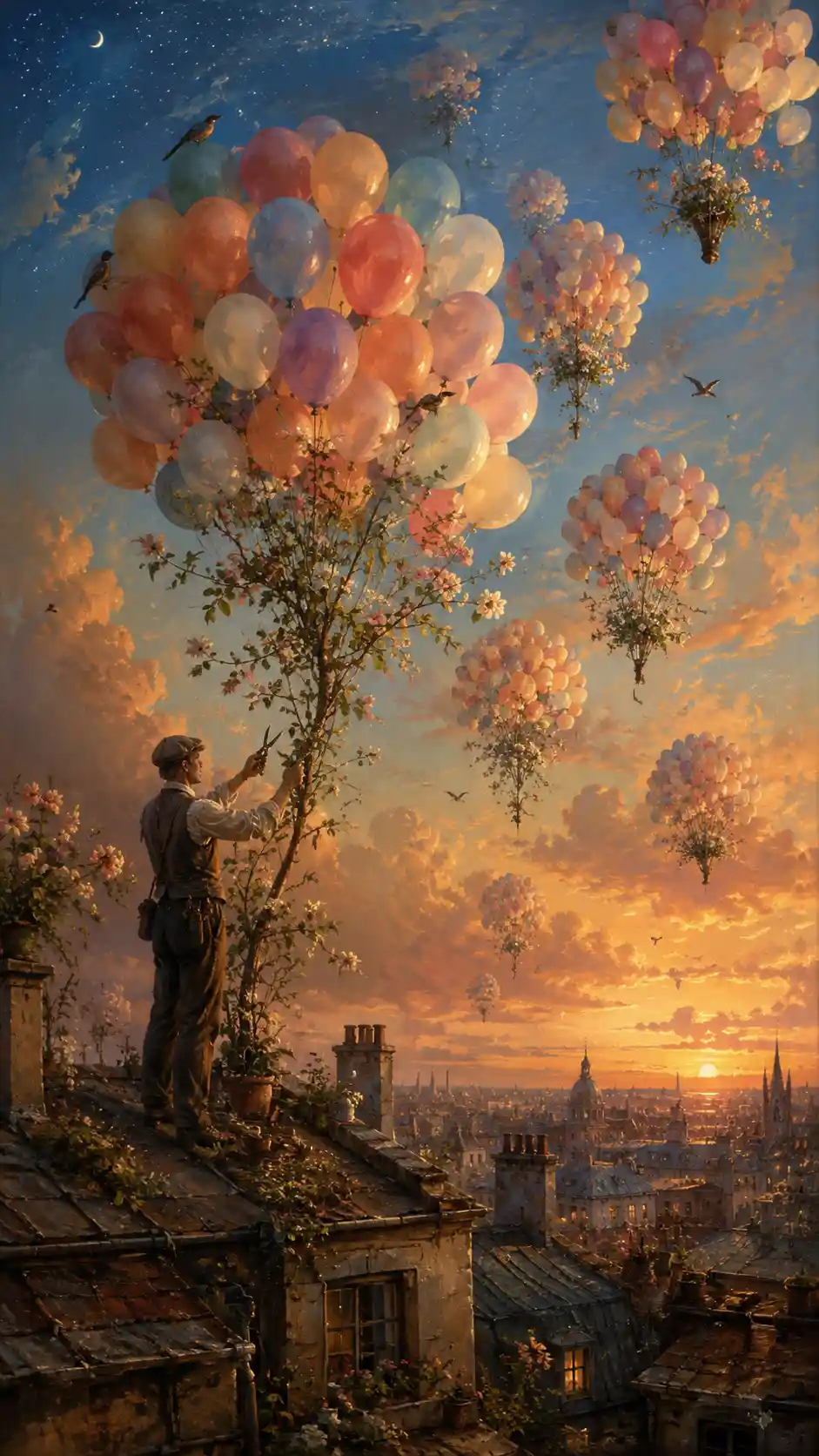 Botanist Walking Rooftops With Balloon Blossomed Trees