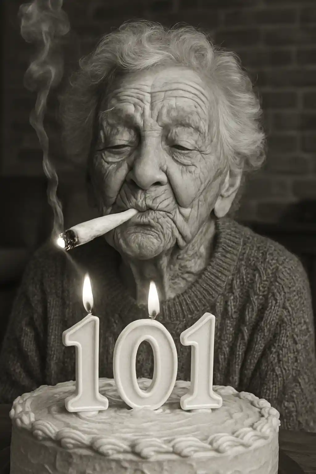 Smirking Elderly Woman Lighting Joint From Birthday Cake Candles