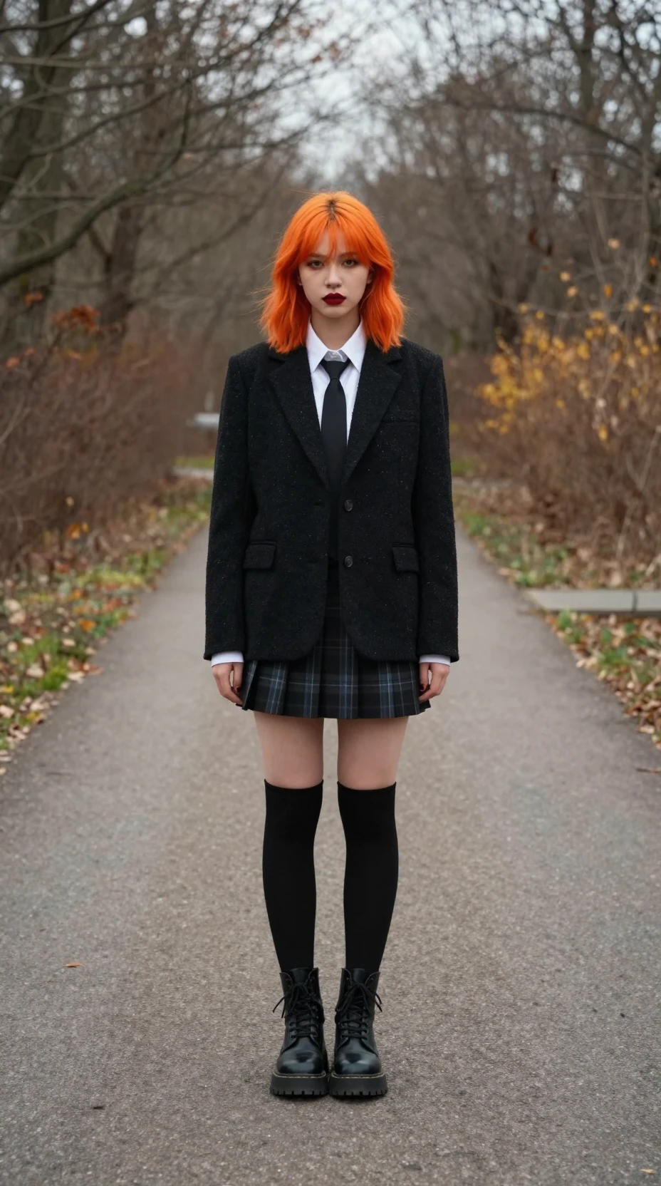 Confident orange haired woman in black school uniform outdoors