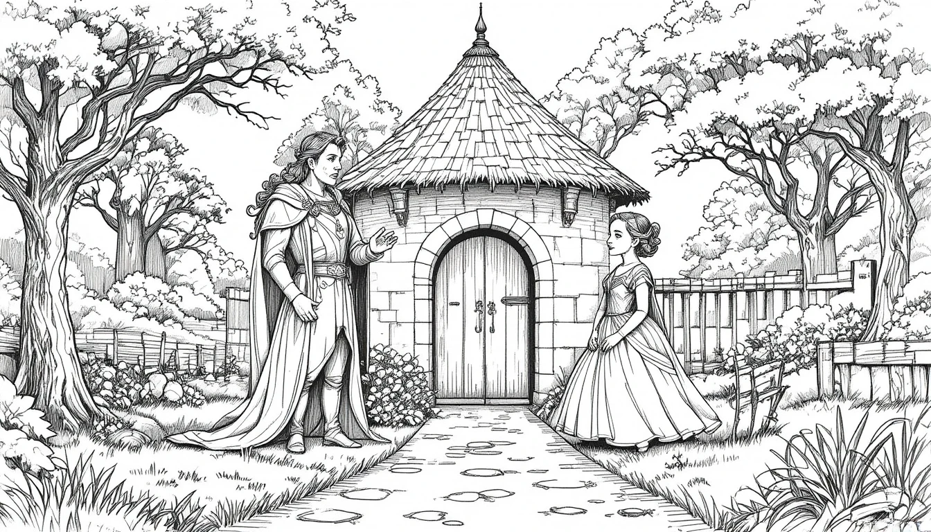 Royal family at dawn before a rustic countryside cottage