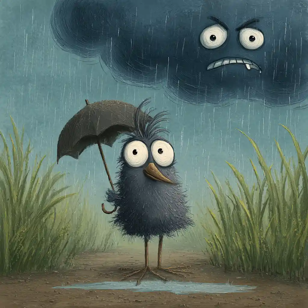 Wet cartoon bird under umbrella in rainy grass field