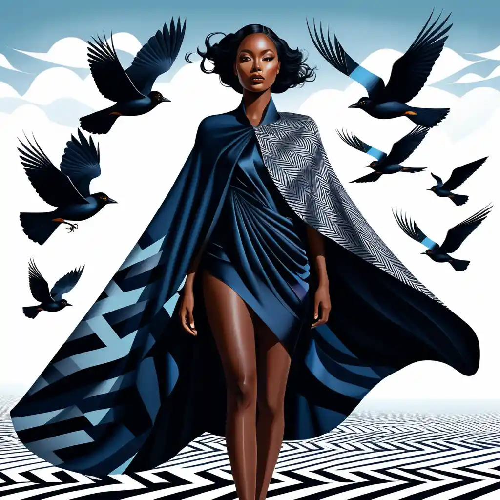 Surreal woman in dissolving cape transforming into geometric birds