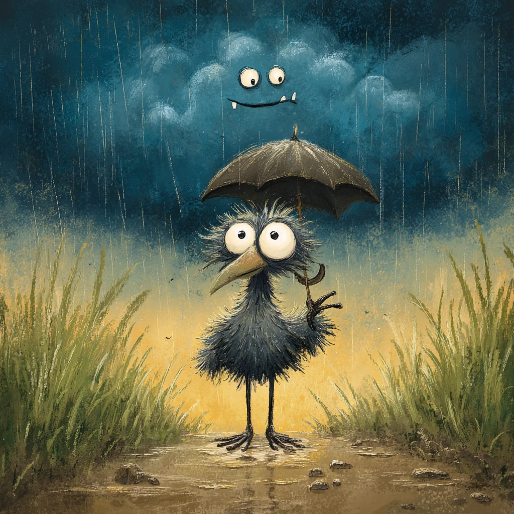 Soaked cartoon bird with umbrella under grinning storm cloud