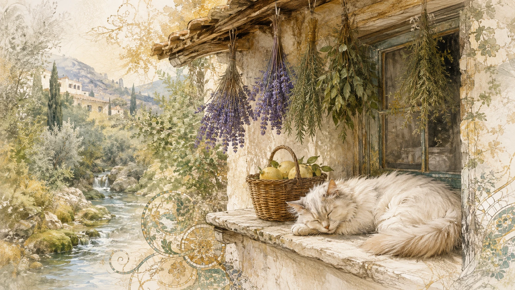 White cat sleeping on a rustic Italian window ledge
