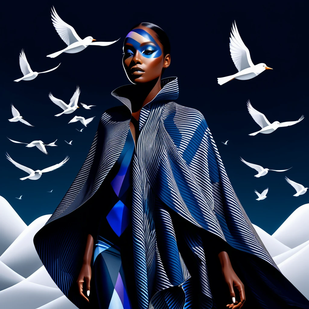 Surreal woman in dissolving cape with geometric birds