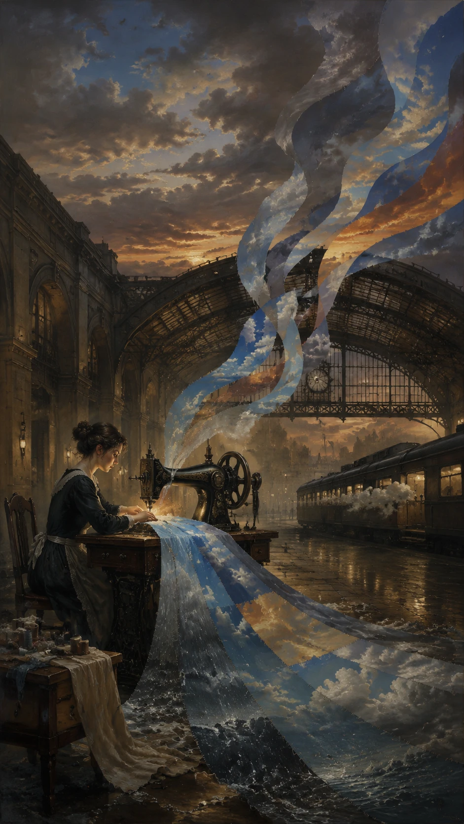 Woman sewing the changing sky in an empty station