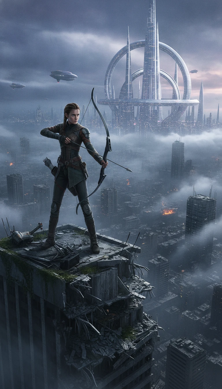 Young archer stands over dystopian city ruins in mist