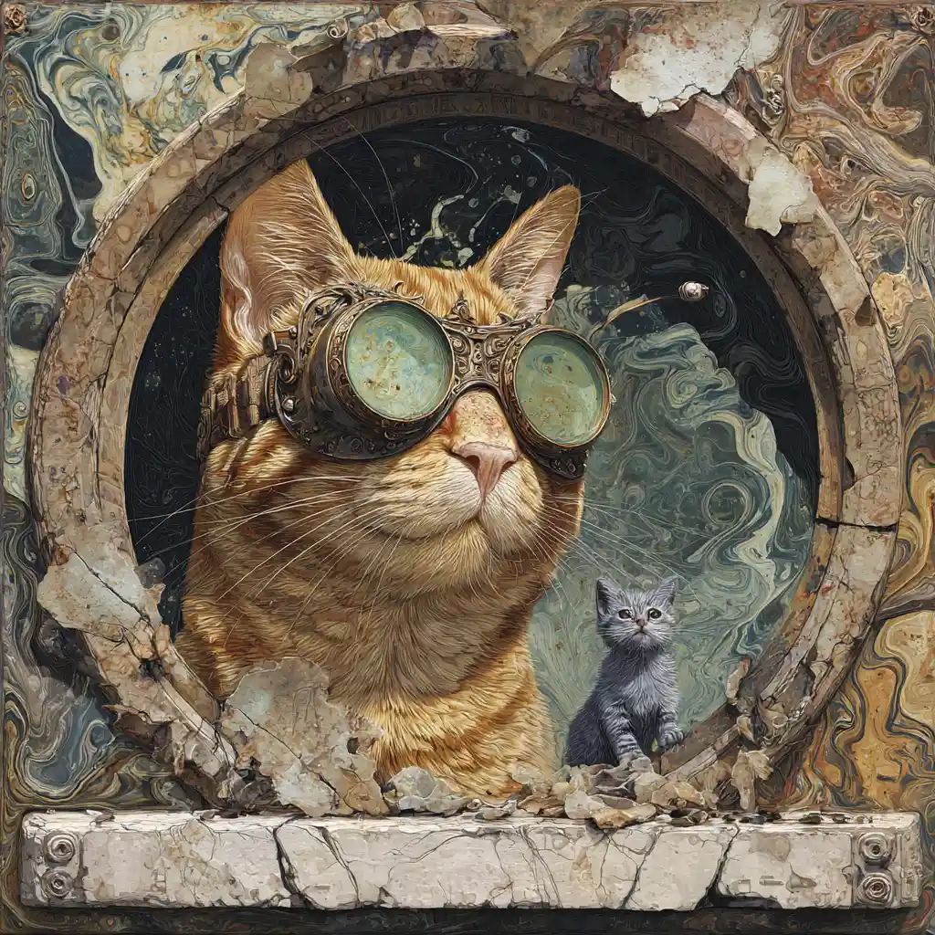 Ginger steampunk cat portrait with kitten and marble frame