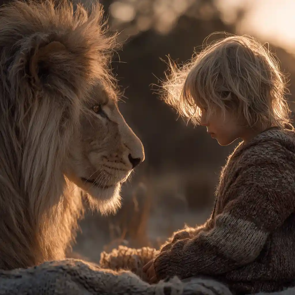Child and lion sharing a gentle close moment at sunset