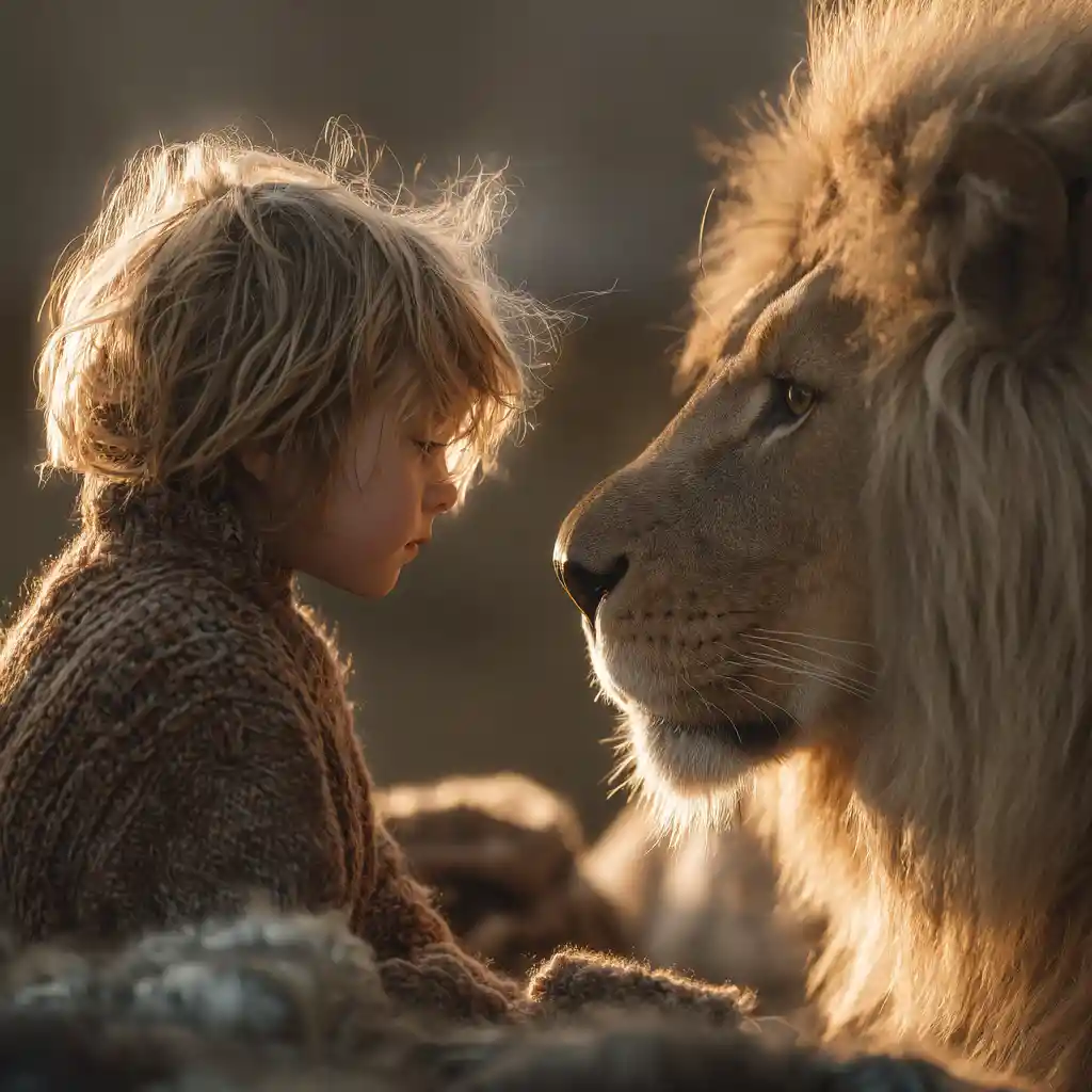 Bambino e leone condividono un momento di quiete al tramonto