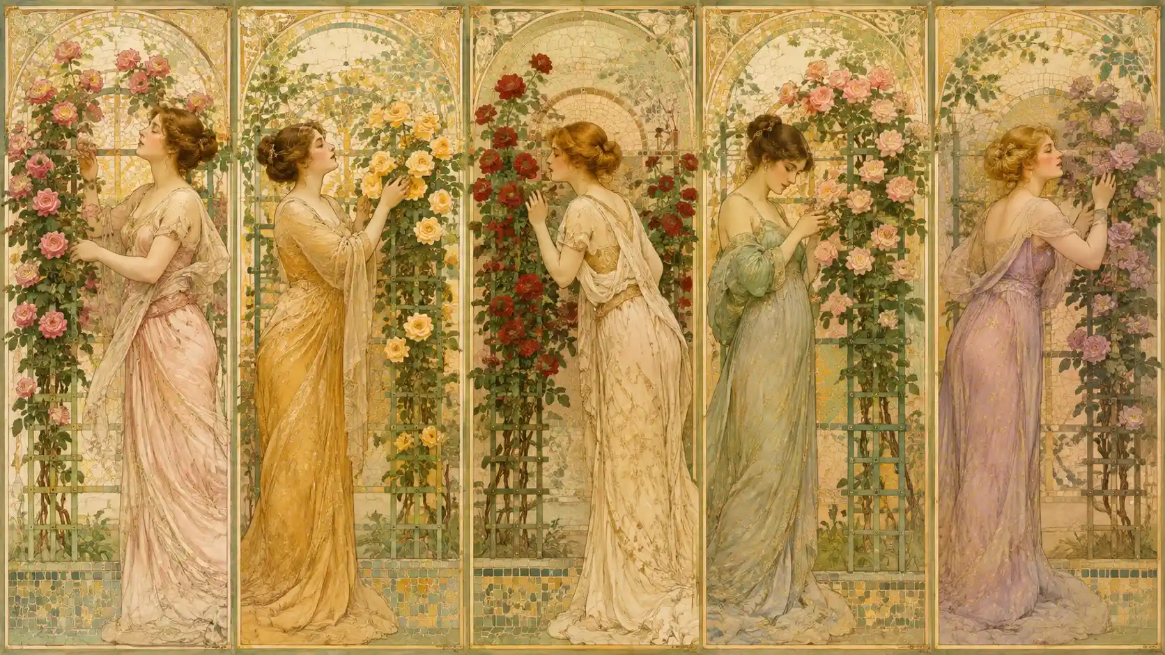 Five floral panels with elegant women in decorative frames