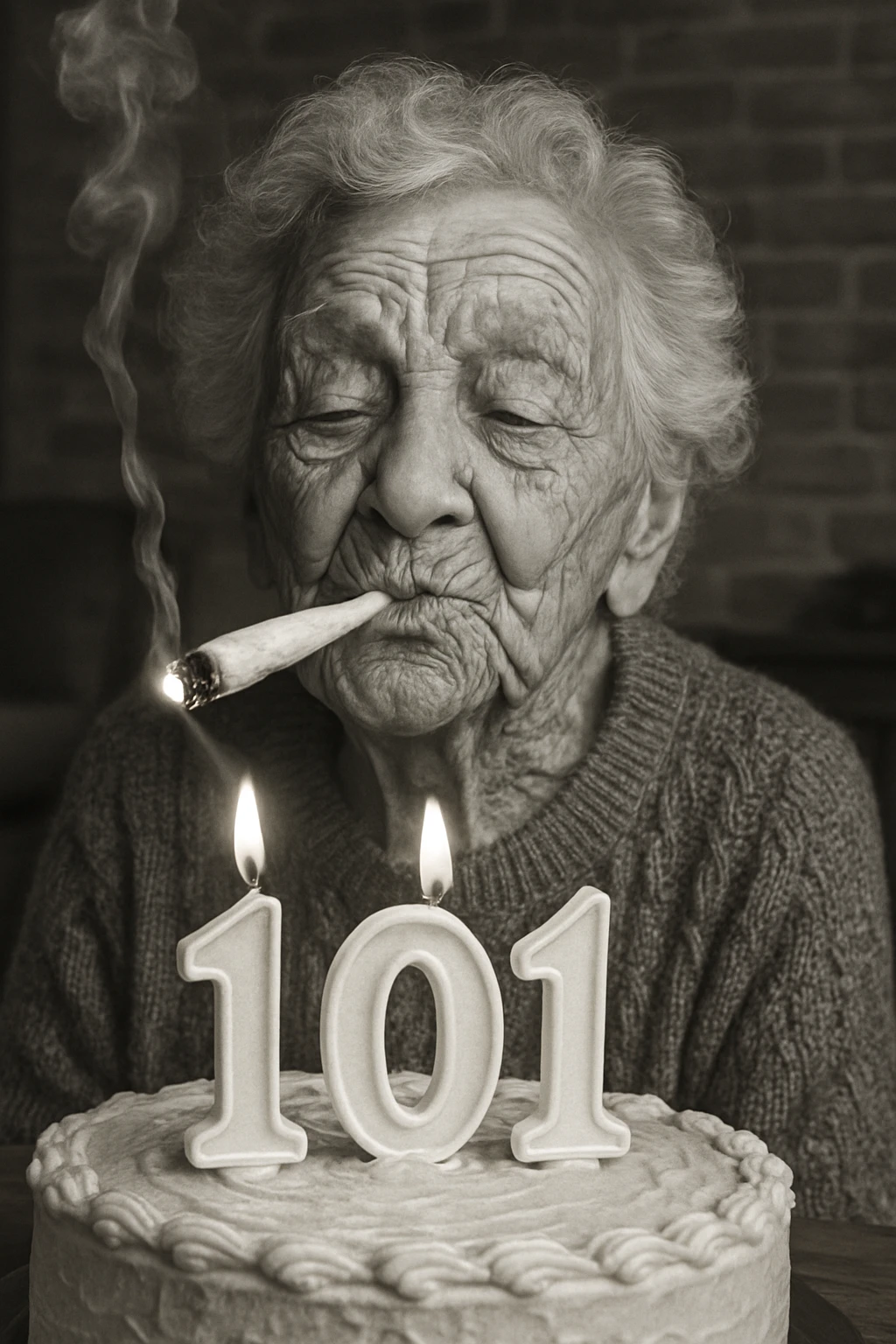 Smirking Elderly Woman Lighting Joint From Birthday Cake Candles