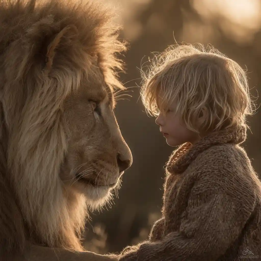 Child and lion sharing a calm gaze at sunset