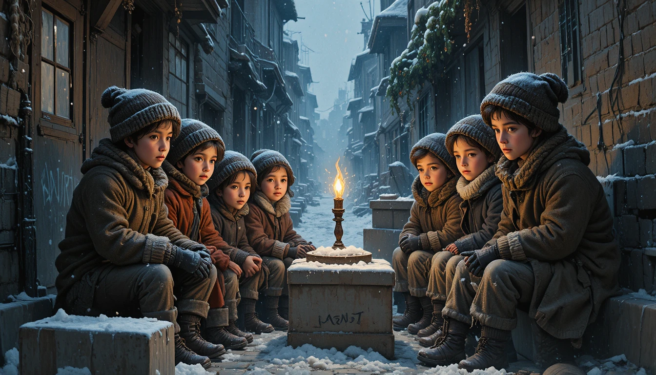 Poor children sharing candlelight in a snowy city alley