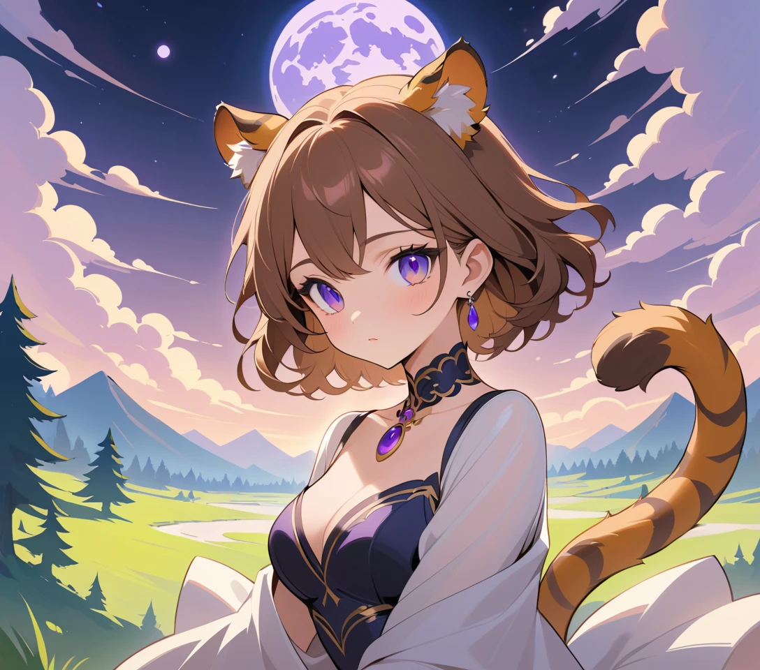 Elegant tiger woman with violet eyes in dreamy forest