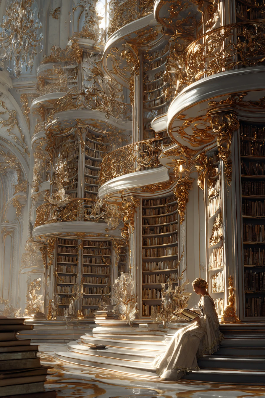 Elegant woman reading in a golden fantasy library