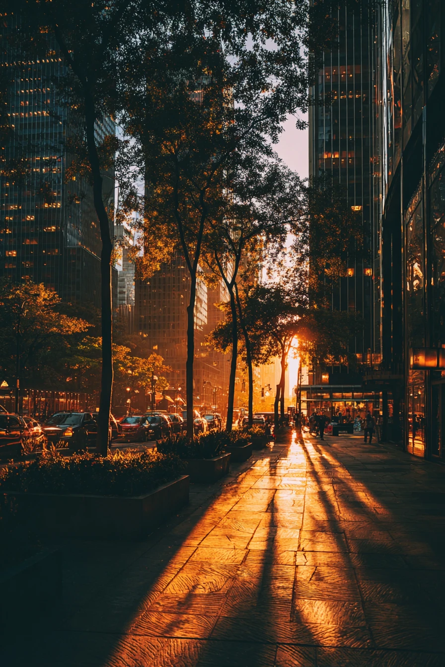 Serene city skyline at dusk with glowing streetlights