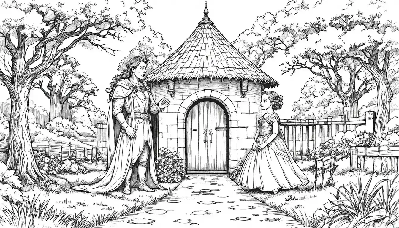 Famille royale à l’aube devant un cottage rustique à la campagne