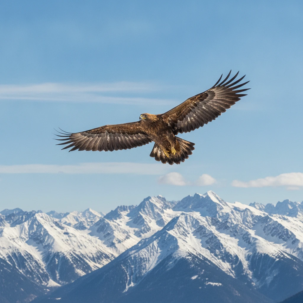 Golden eagle soaring above distant snow capped mountains