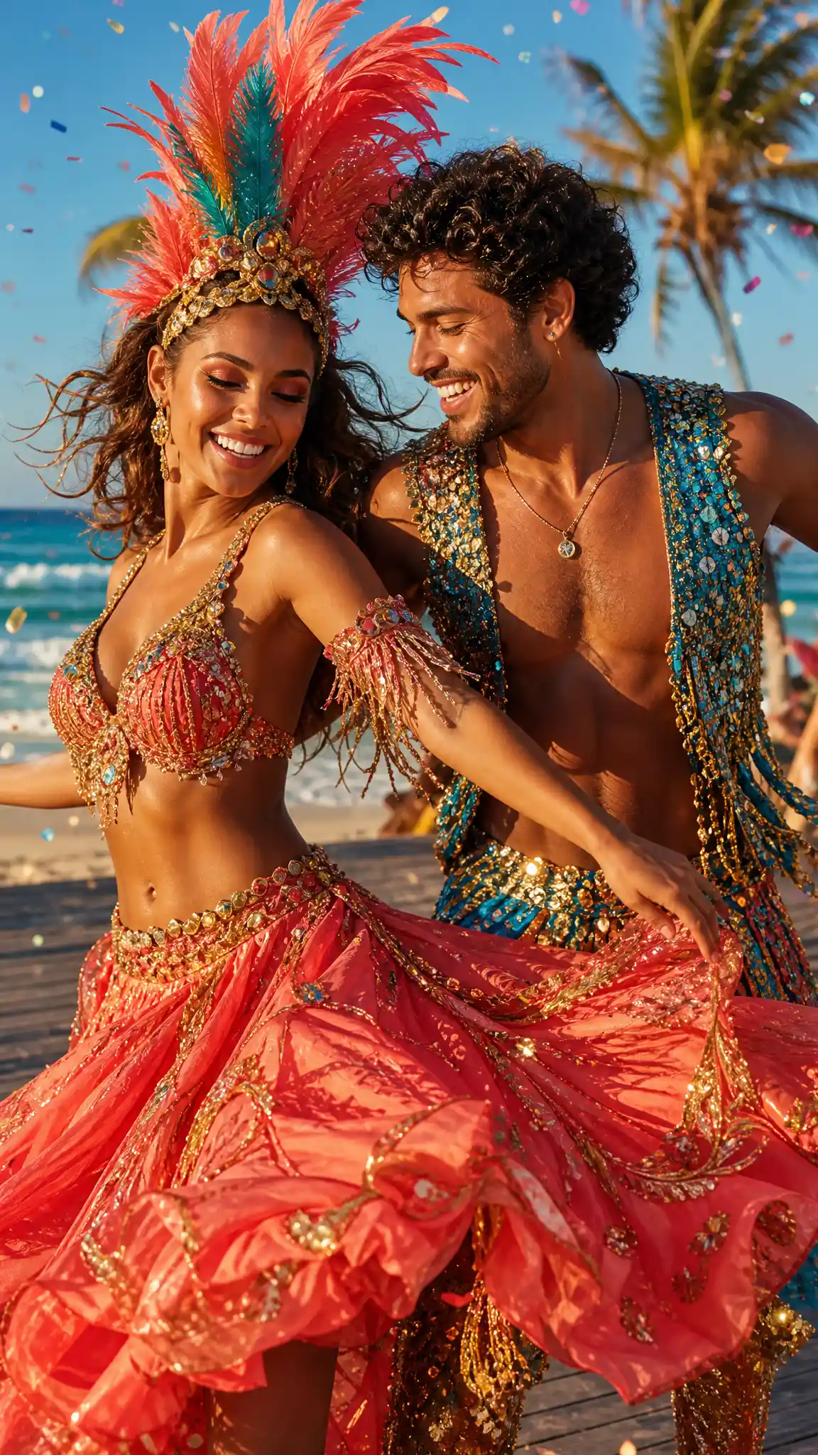 Carnival couple dancing on a sunny beach boardwalk