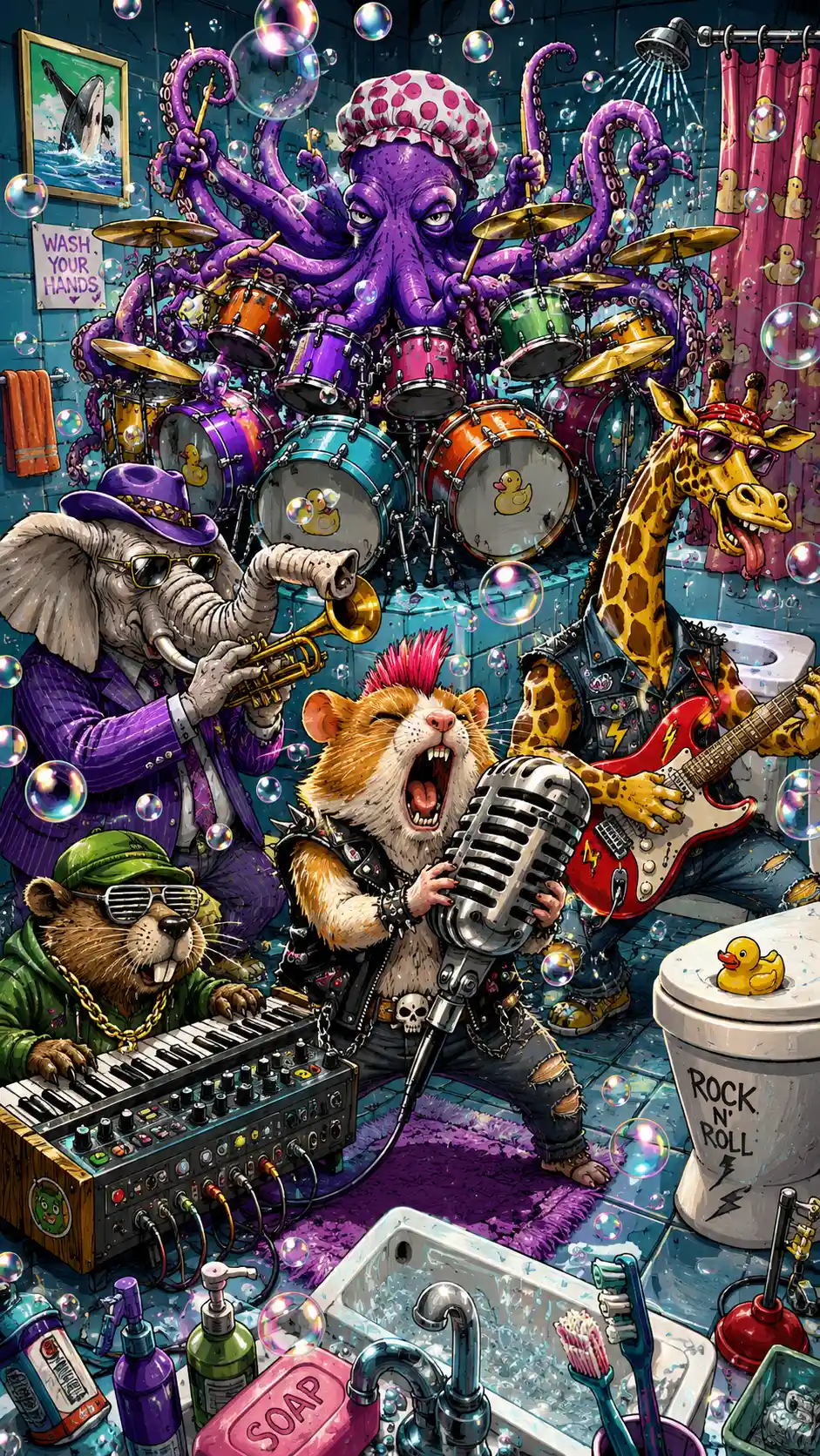Cartoon animal rock band performing in a chaotic bathroom