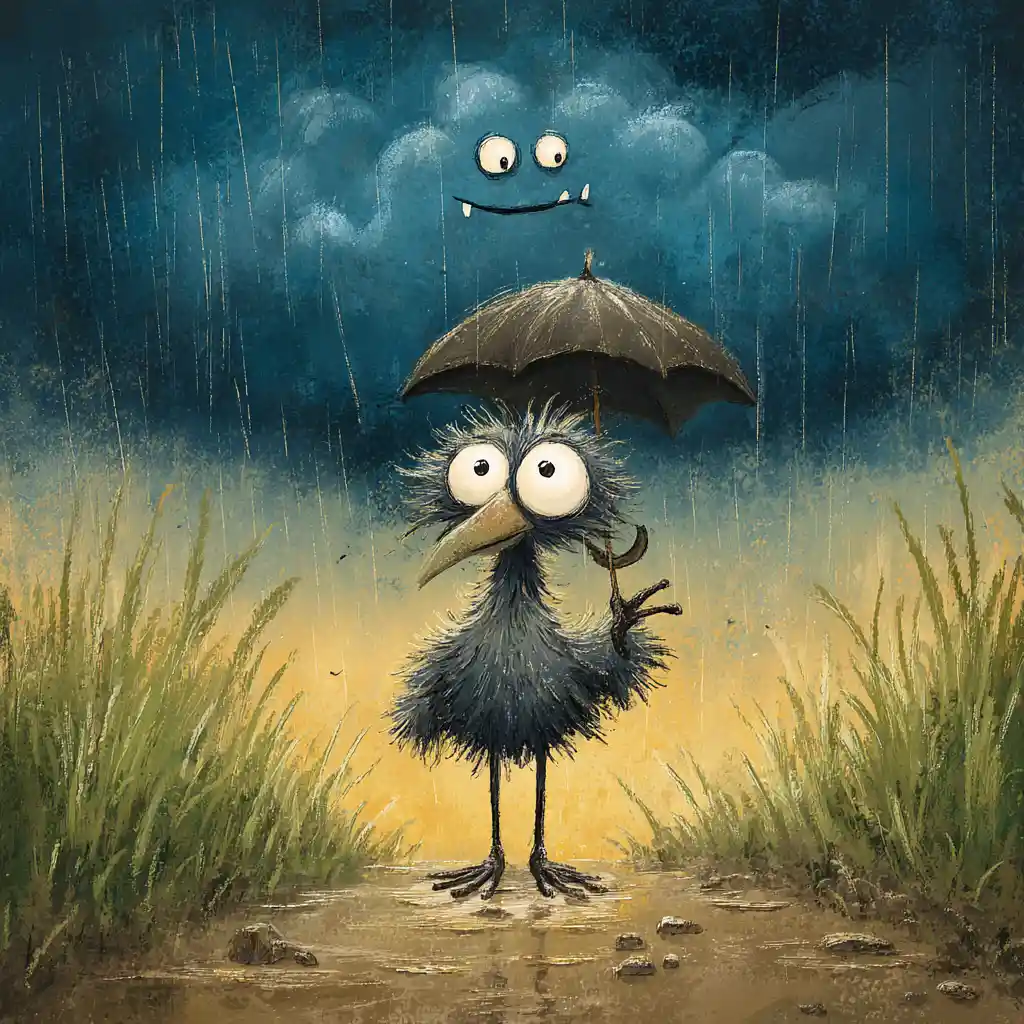 Soaked cartoon bird with umbrella under grinning storm cloud