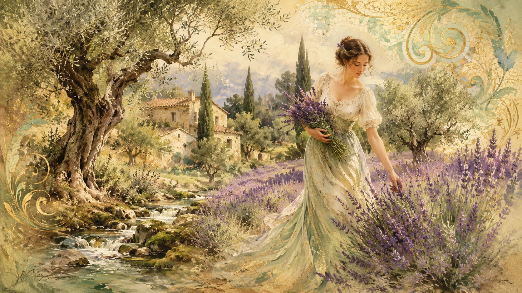Elegant woman walking through a fragrant lavender field