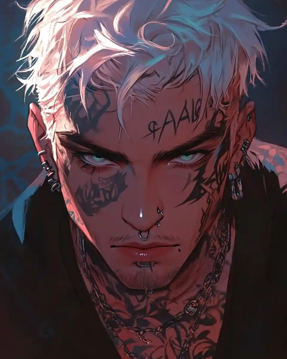 Anime close up of a man with a bold facial tattoo