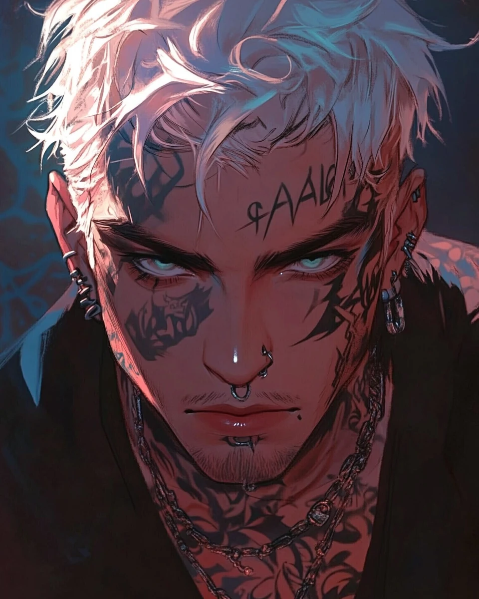 Anime close up of a man with a bold facial tattoo
