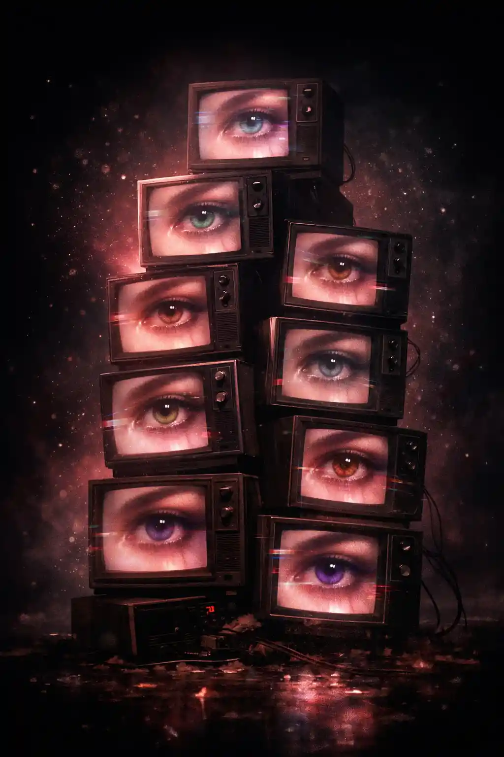 Surreal stack of glowing vintage televisions in dark void