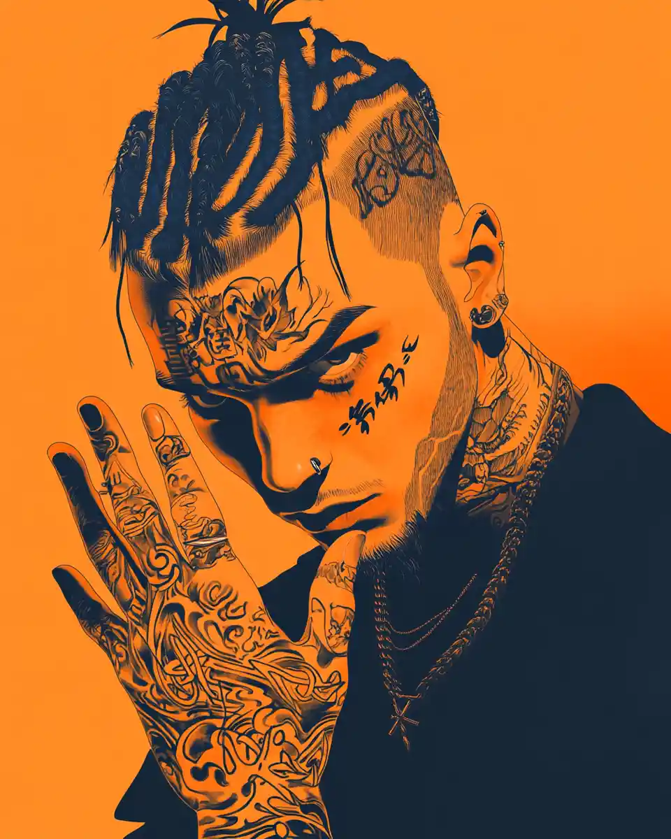Anime close up portrait of tattooed man on orange background