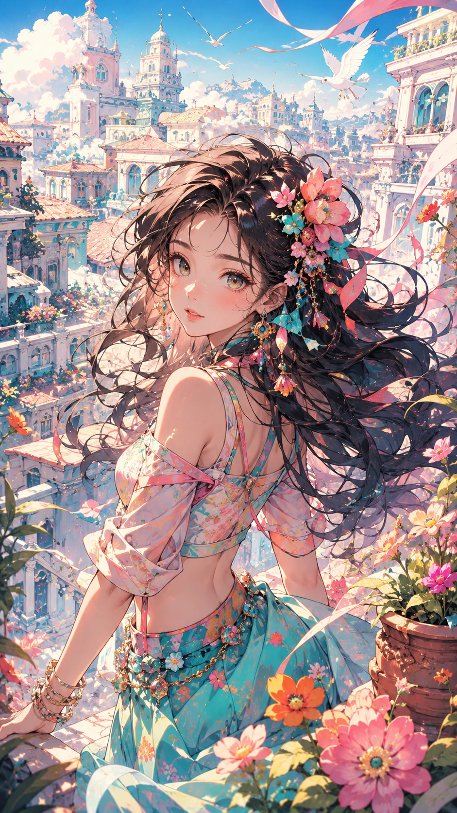 Dynamic anime girl in vibrant pastel theatrical style