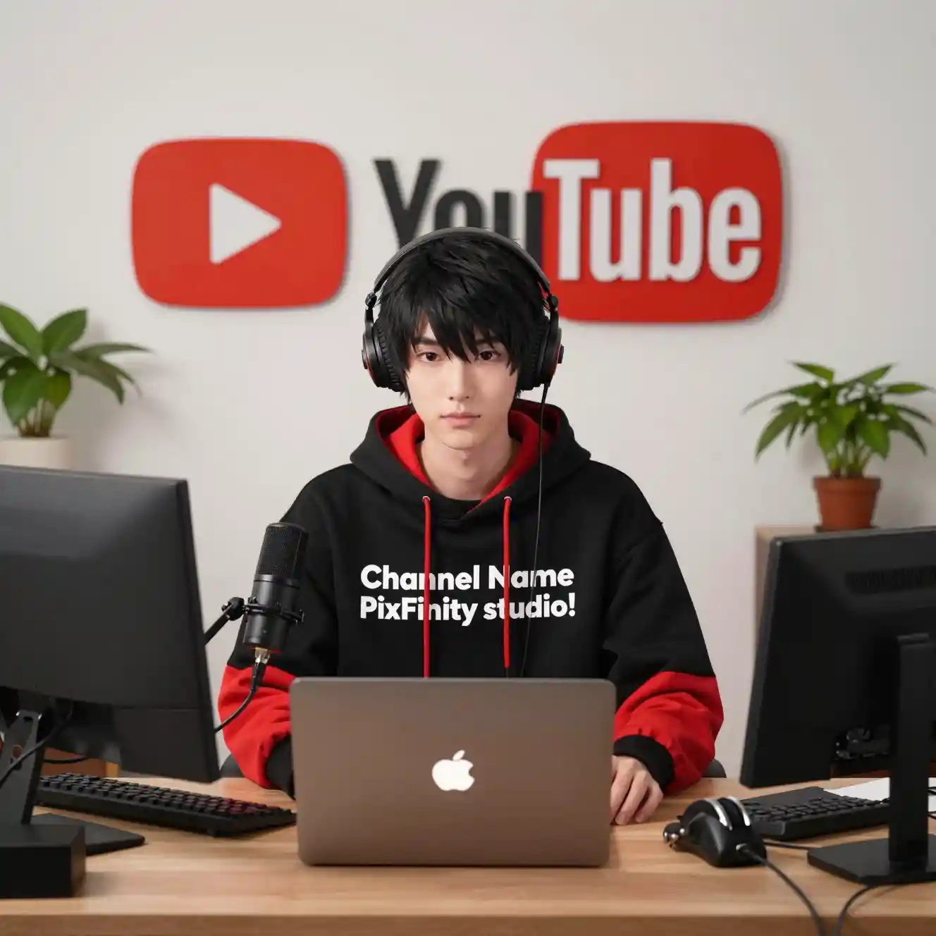 Anime boy streaming at a desk with YouTube background
