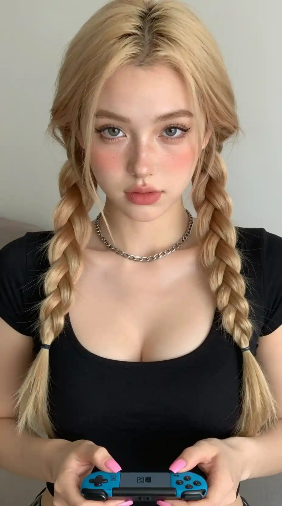Young blonde woman selfie with braids and gaming controller