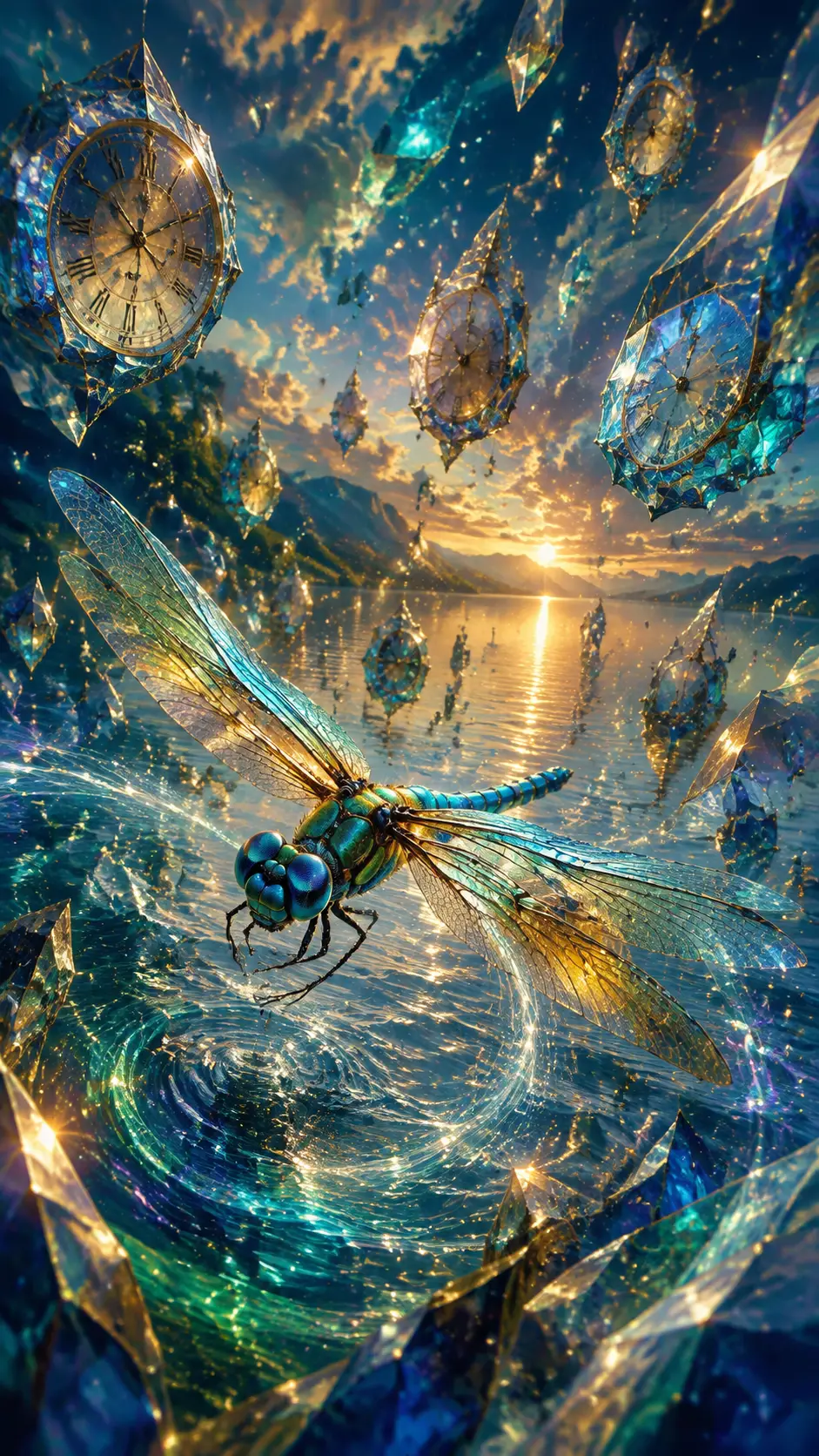 Dragonfly Racing Through Floating Crystal Clocks Above Lake