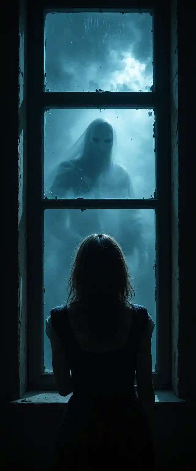 Terrified woman frozen at window facing monstrous street shadow