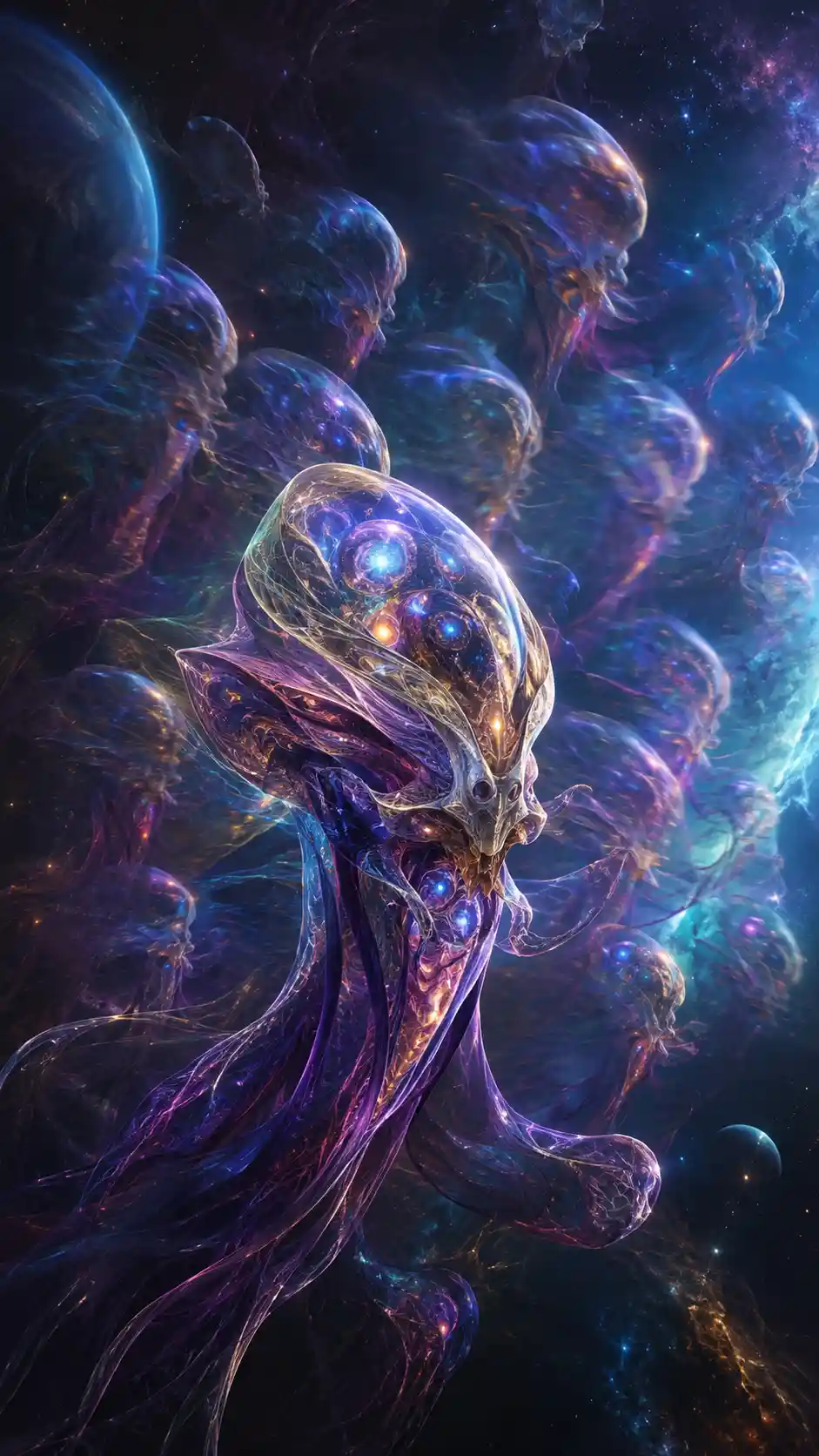 Bioluminescent Alien Creature Splitting Into Ghostly Copies