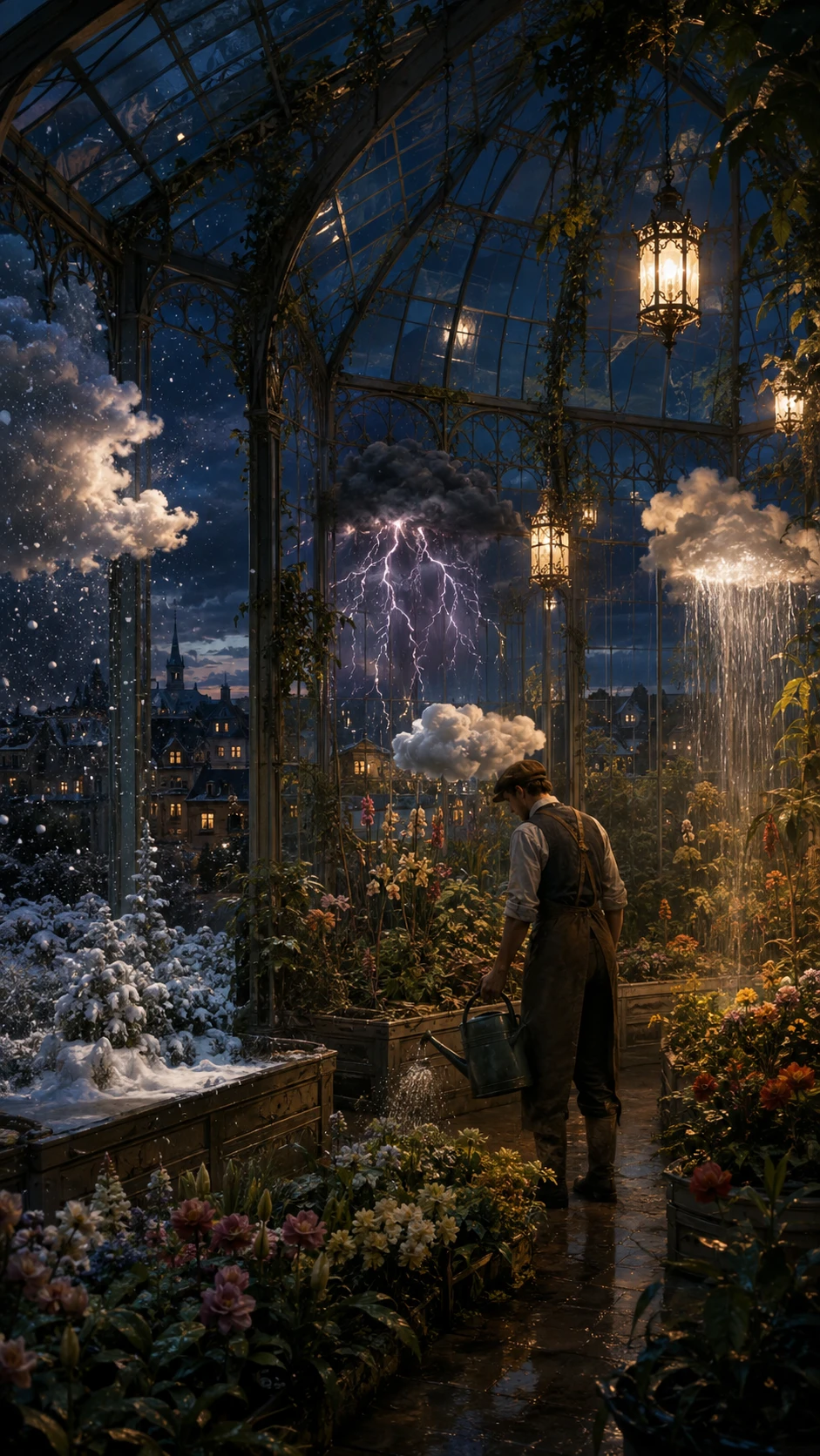 Victorian Greenhouse With Surreal Weather And Quiet Gardener