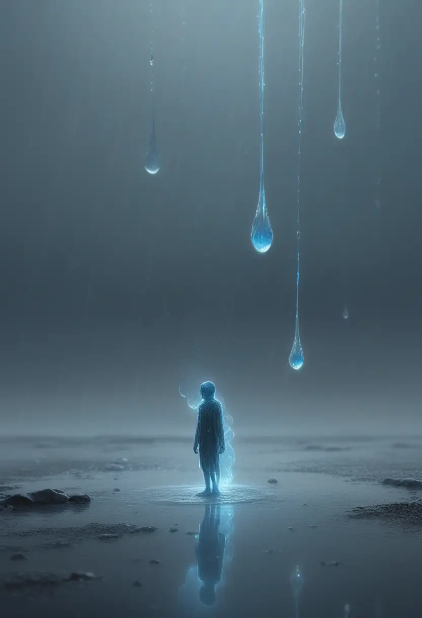Tiny glowing spirit among giant glasslike raindrops