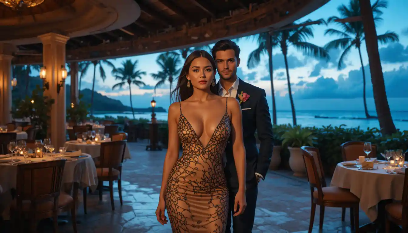 Elegant couple leaving luxury restaurant at tropical sunset
