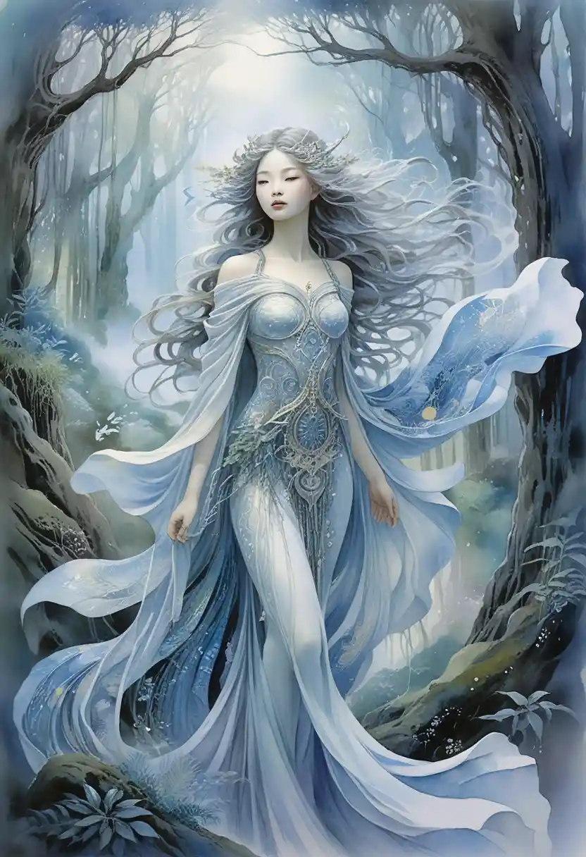 Ethereal woman in flowing garments within a mystical forest