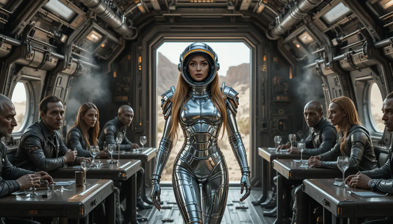 自信滿滿的女太空人走進粗獷太空船艙內