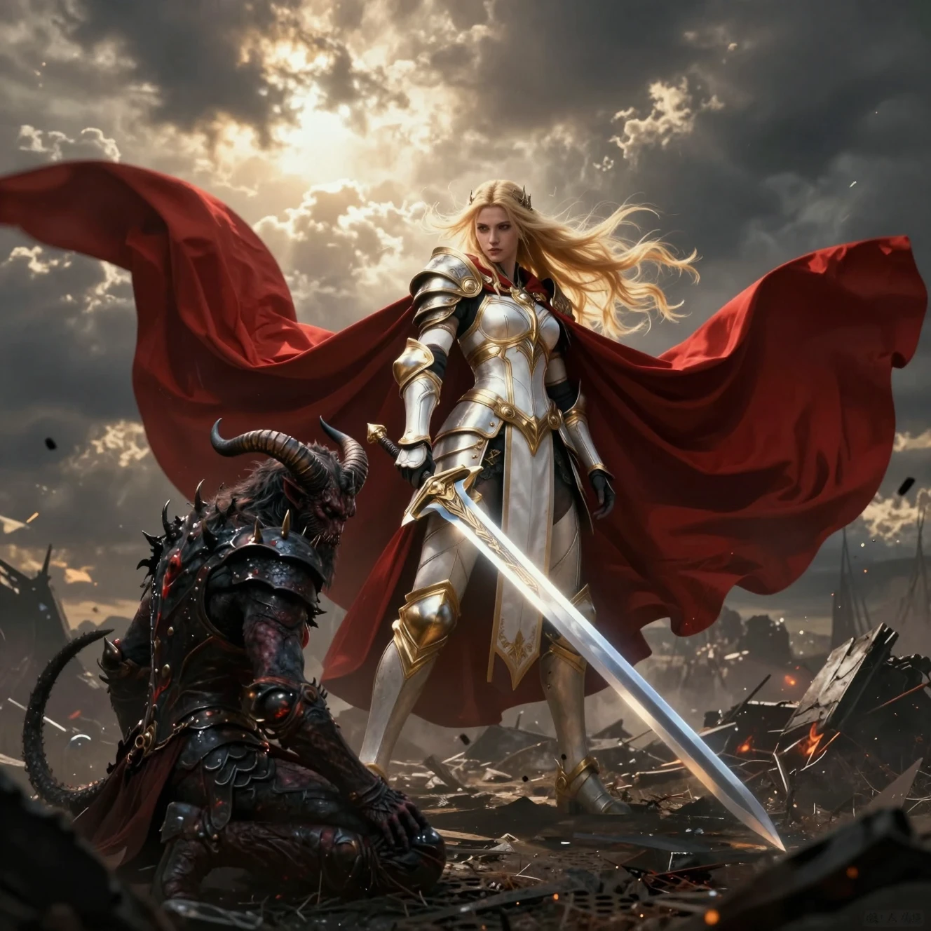 Triumphant blonde warrior standing over a defeated demon