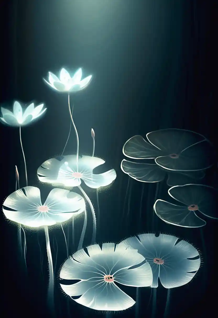 Underwater view of glowing fish and giant lily pads