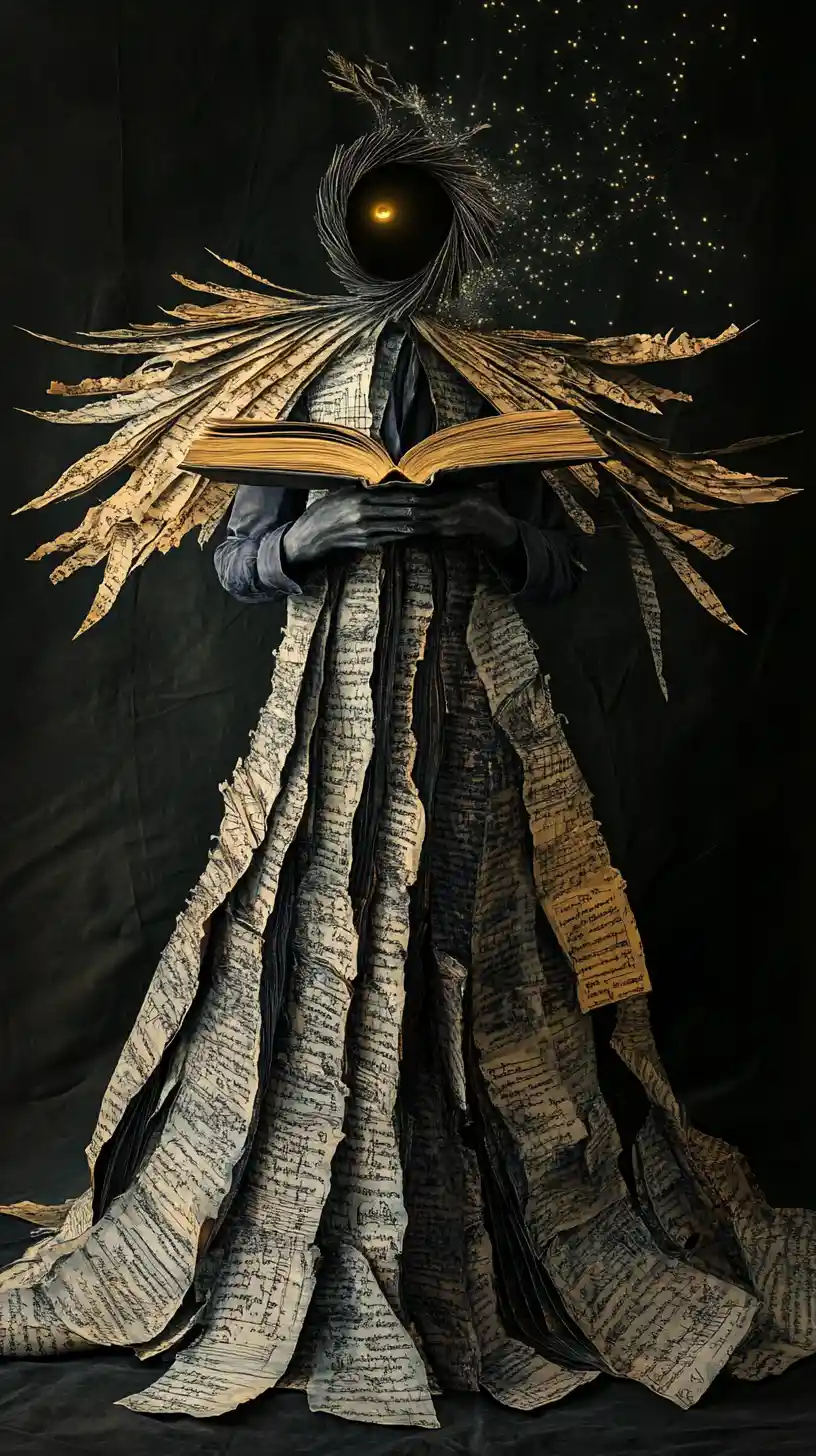 Supernatural librarian in a robe of flowing calligraphy
