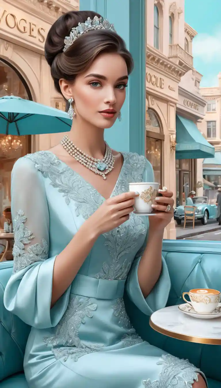 Chic woman in pastel blue outfit sipping coffee outside
