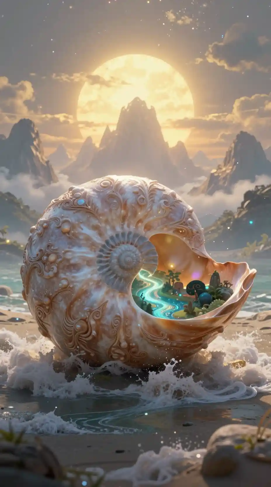 Giant nautilus shell revealing a glowing fantasy paradise