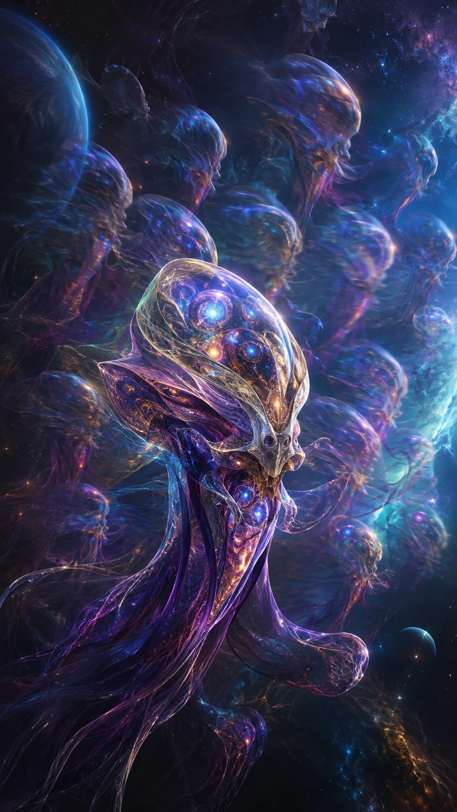 Bioluminescent Alien Creature Splitting Into Ghostly Copies