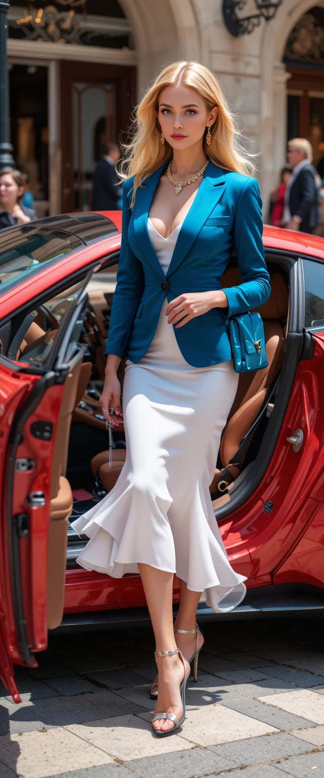 Elegant woman stepping from red luxury car in Monaco
