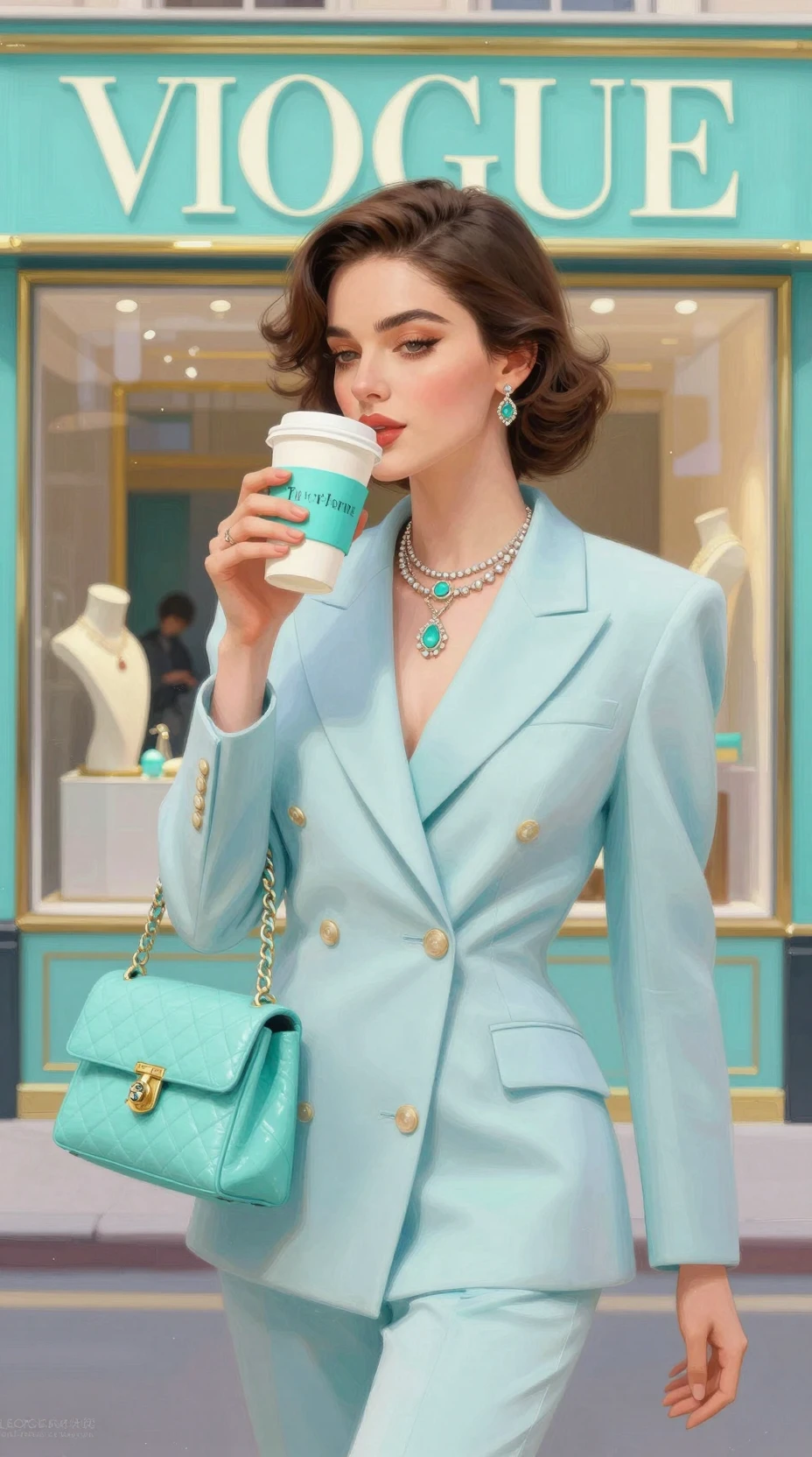 Elegant woman in pastel blue outfit sipping coffee outside
